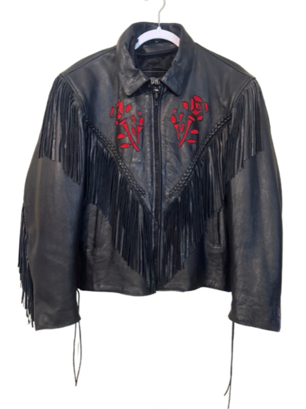 Fringed Leather Jacket w/ red rose by Unik, Vintage Biker Jacket removable liner
